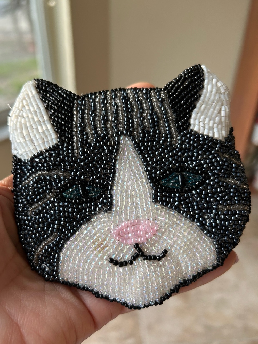 Handcrafted Beaded Cat Face coin purse  — Black & White cat pink nose